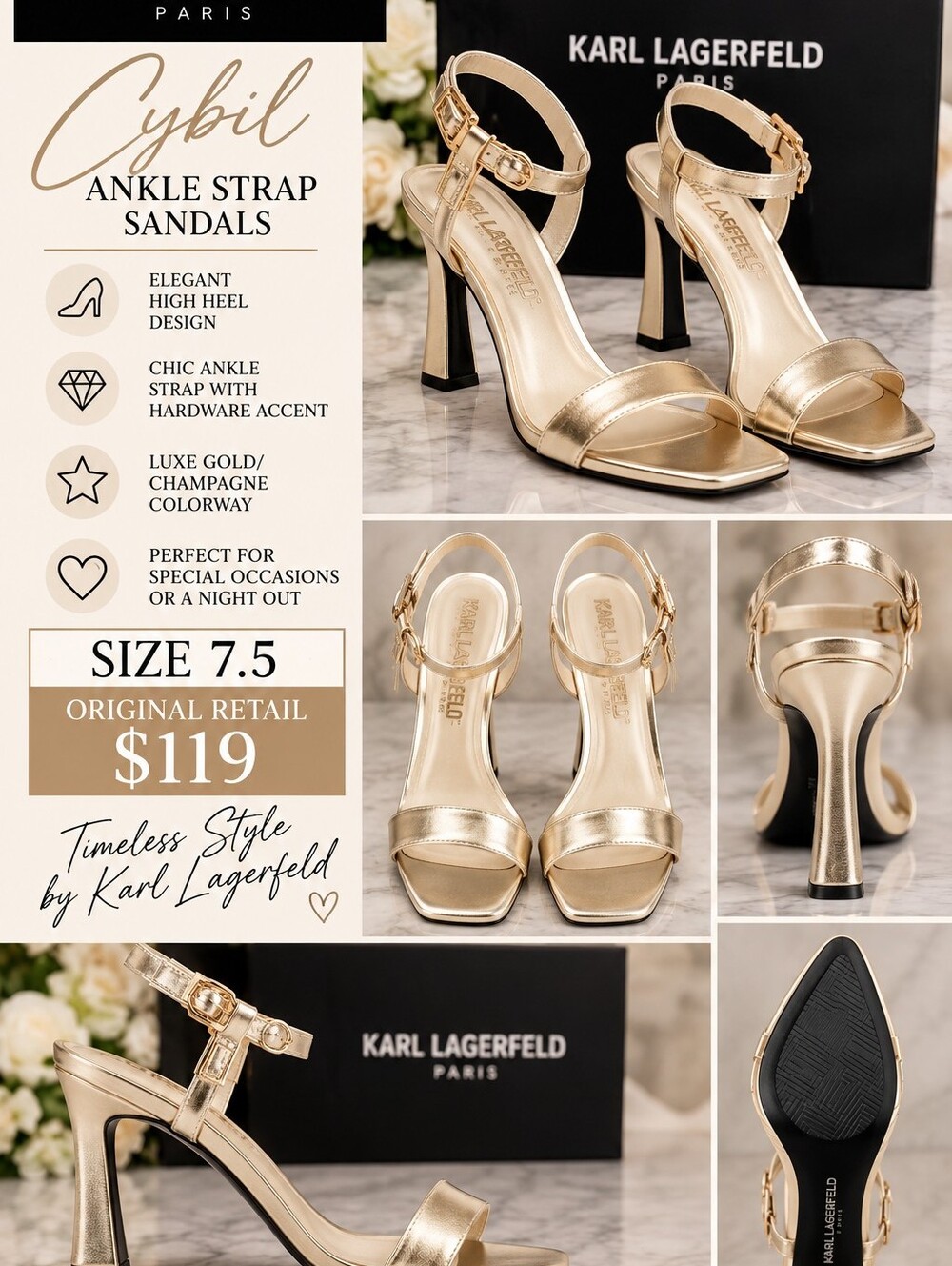 NIB Karl Lagerfeld Gold/Champagne Ankle-Strap Heels